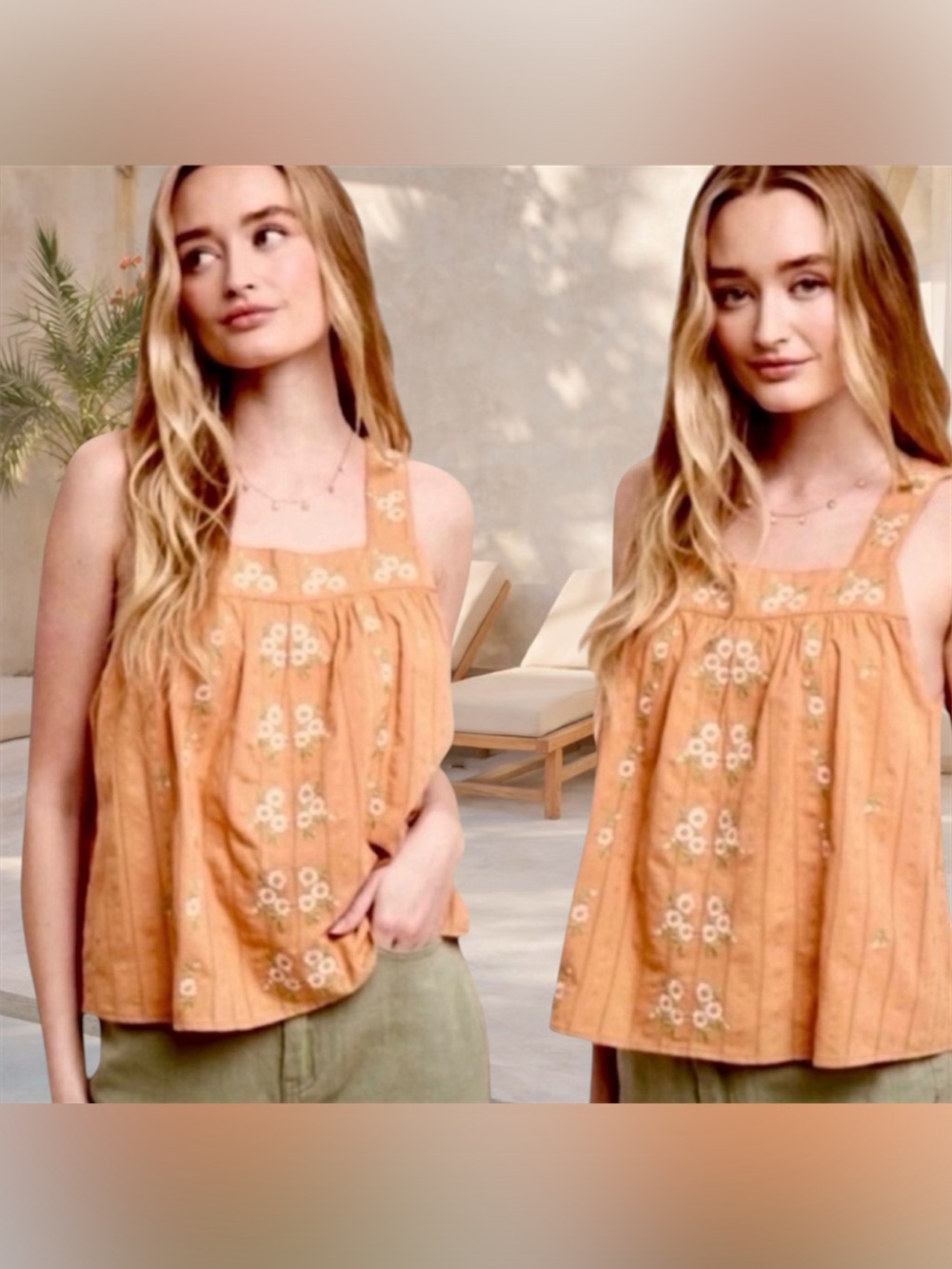 Embroidered Peach Sleeveless Tank Top - Picture 4 of 6